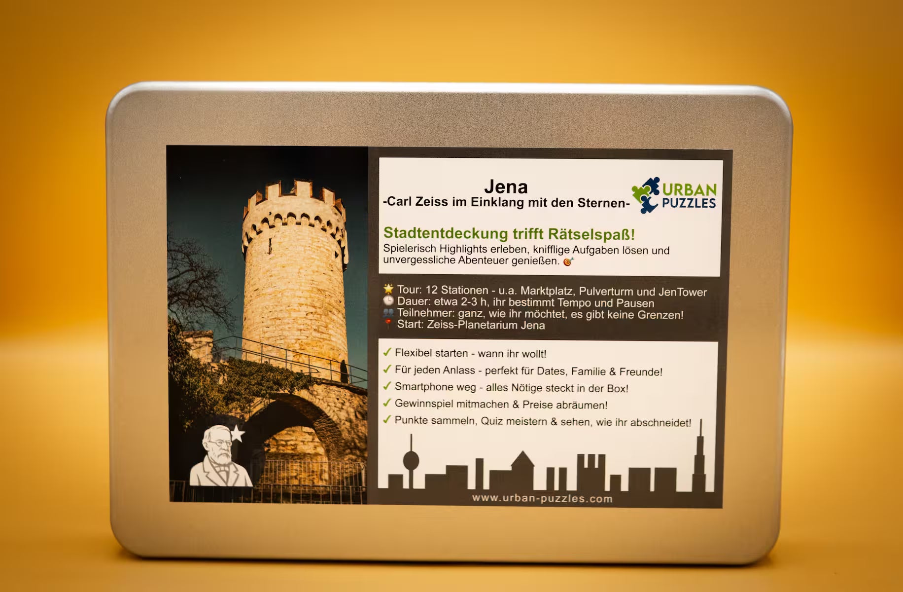 Urban Puzzle Stadtspiel Jena – Spielbox „Carl Zeiss im Einklang mit den Sternen“ mit Frontmotiv