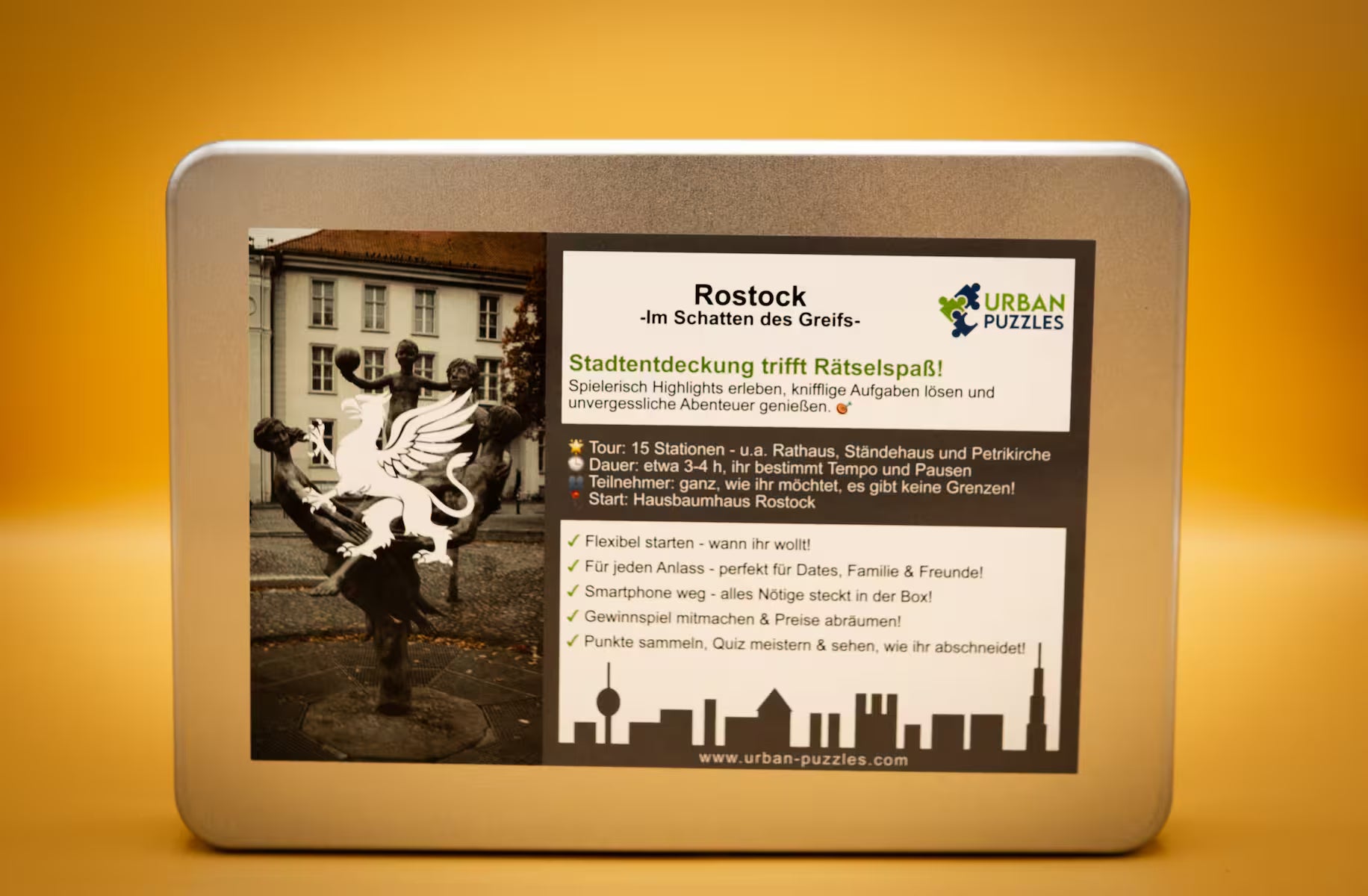 Urban Puzzle Stadtspiel Rostock – Spielbox „Im Schatten des Greifs“ mit Stadtmotiv