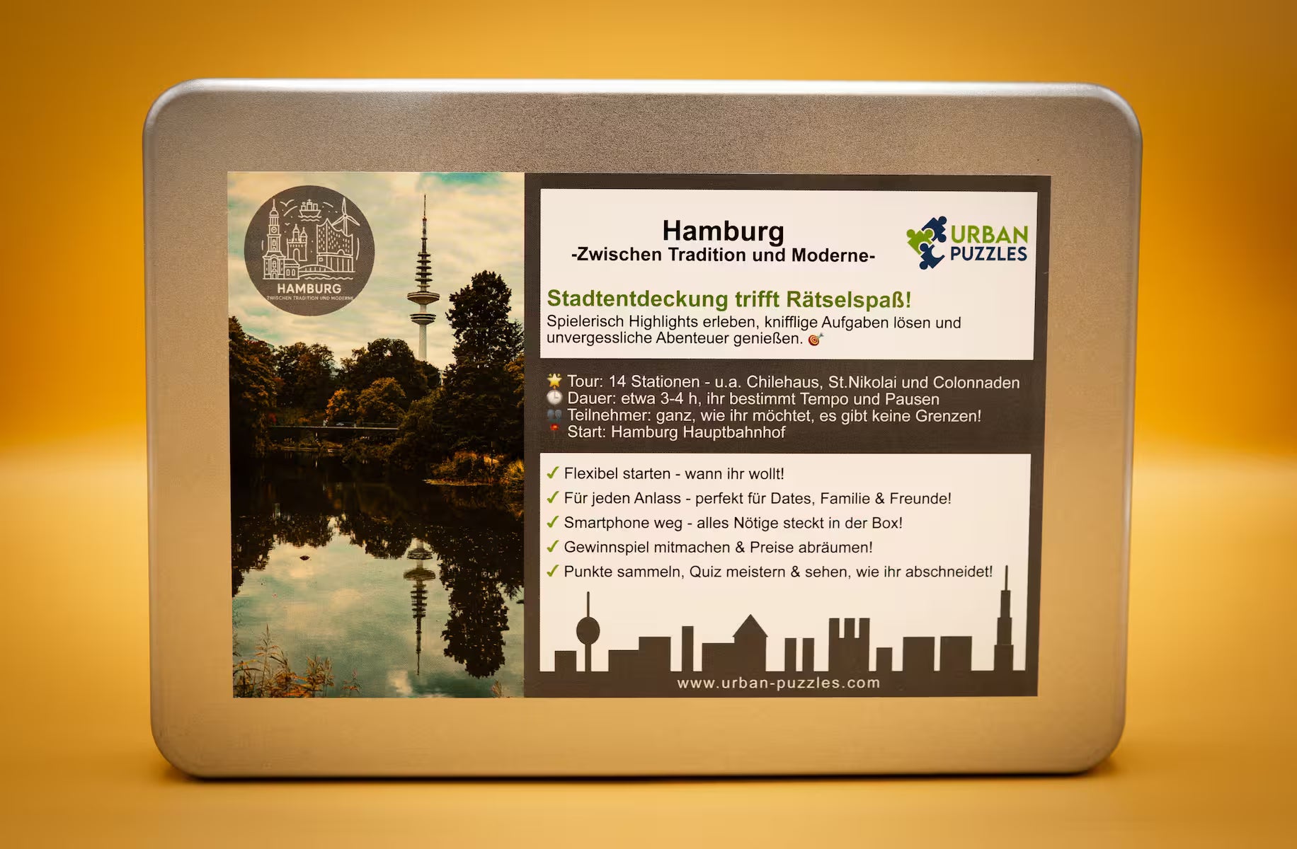 Urban Puzzle Stadtspiel Hamburg – Spielbox „Zwischen Tradition und Moderne“ mit Stadtmotiv