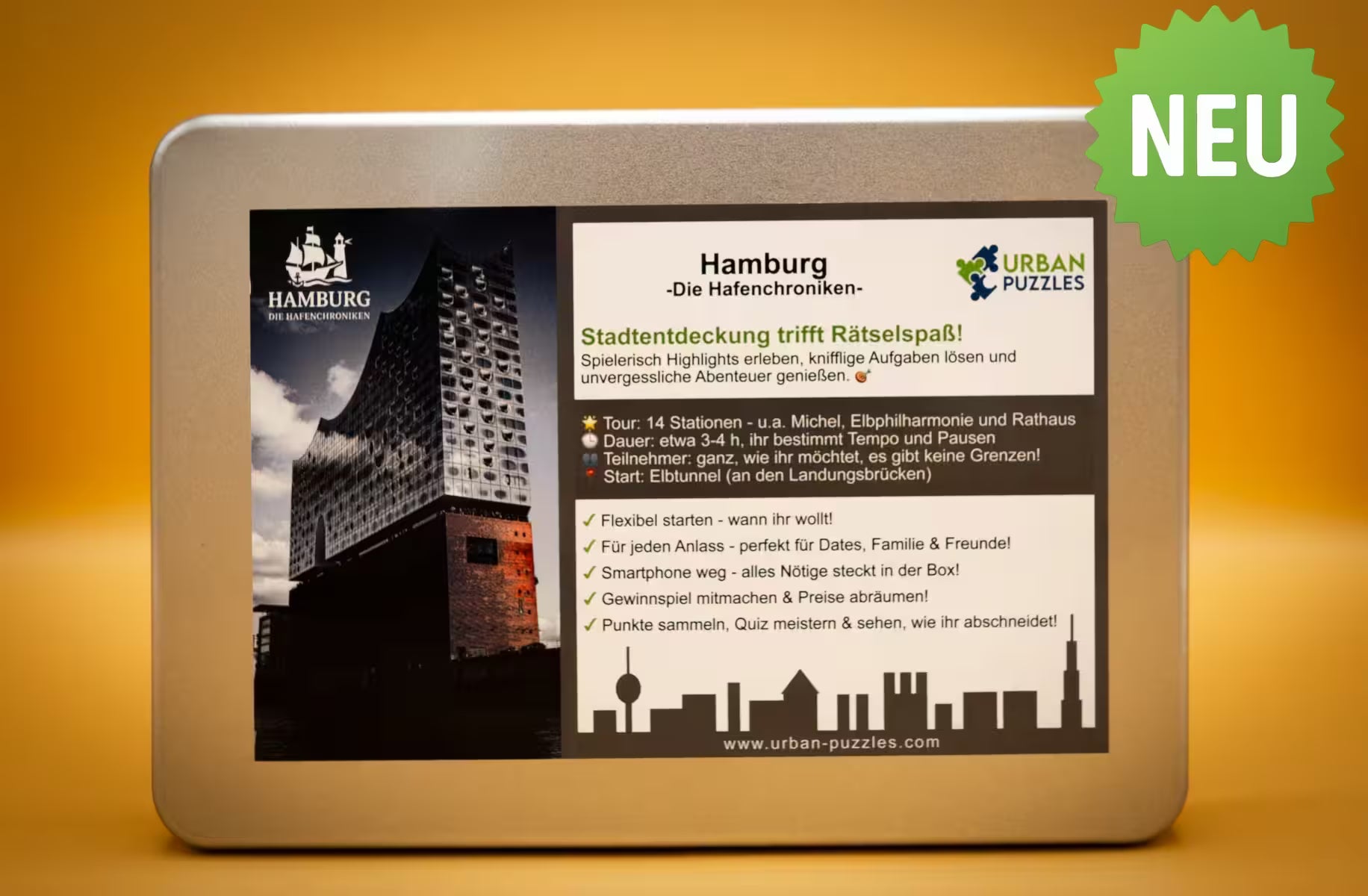 Urban Puzzle Stadtspiel Hamburg Hafen – Spielbox „Die Hafenchroniken“ mit Frontansicht